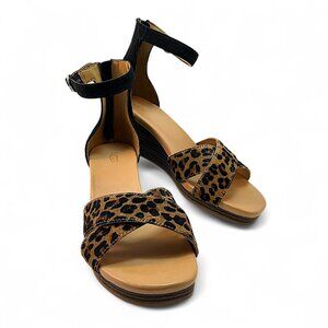 UGG Eugenia Leopard Print Womens Ankle Strap Wedge Sandals Black & Brown Size 10